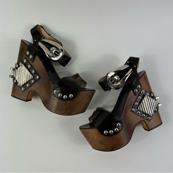 Rare Roberto Cavalli Brown Leather Embellished Buckle Detail Wedge - Picture 5 of 15